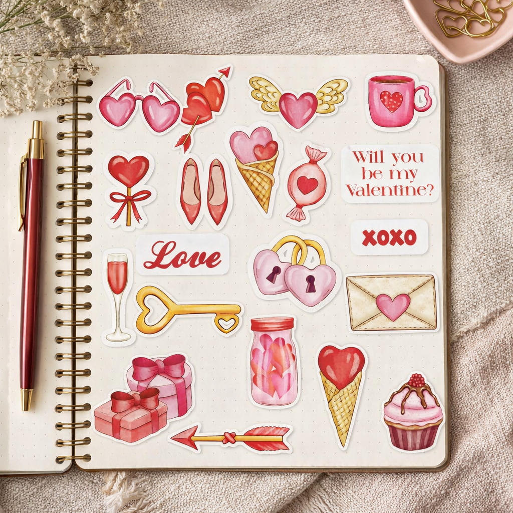 Valentine’s Day Printable Stickers – 20 Cute Love-Themed Digital Stickers for Journals, Planners & Scrapbooks
